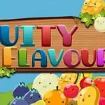 Renkli harflerle Fruity Flavour yazısı ve sevimli meyve karakterleri