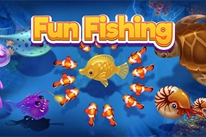 Fun Fishing Etrafı küçük turuncu balıklarla çevrili sarı bir balık ve çeşitli deniz canlılarının yer aldığı renkli bir deniz altı sahnesi
