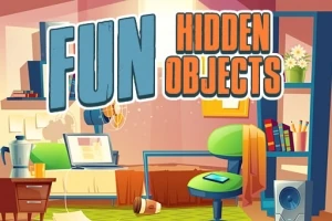 Renkli bir oda yerleşiminde masa, sandalye, bilgisayar ve çeşitli ev eşyaları; üstte Fun Hidden Objects yazısı