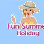 Geniş şapkalı bir kadın, Fun Summer Holiday yazısının üzerinde poz veriyor