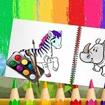 İki boyama kitabı sayfasında bir zebra ve bir gergedan çizimi, yanında sulu boya paleti ve renkli kalemler