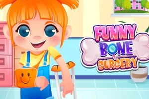 Turuncu saçlı bir kız çocuğu koltuk değnekleriyle ve sarı bir çanta taşıyarak gülümsüyor; arka planda Funny Bone Surgery yazısı bulunuyor