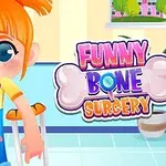Turuncu saçlı bir kız çocuğu koltuk değnekleriyle ve sarı bir çanta taşıyarak gülümsüyor; arka planda Funny Bone Surgery yazısı bulunuyor