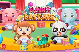 Oyuncaklarla dolu rengarenk bir oyun odasında oturan sevimli hayvanlar; bir maymun, panda, fil ve domuz, oyuncak bir trenle çevrili