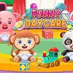 Oyuncaklarla dolu rengarenk bir oyun odasında oturan sevimli hayvanlar; bir maymun, panda, fil ve domuz, oyuncak bir trenle çevrili