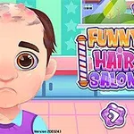 Üzgün yüz ifadesine sahip, üzerinde saçsız ve yaralı bir kafa olan bir çocuk karakter ve yanında Funny Hair Salon yazısı