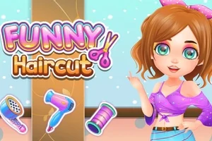Mor kıyafetli bir kız, etrafı saç bakım aletleriyle çevrili ve yanında Funny Haircut yazısı