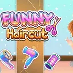 Mor kıyafetli bir kız, etrafı saç bakım aletleriyle çevrili ve yanında Funny Haircut yazısı