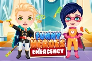 İki çocuk süper kahraman kostümleriyle poz veriyor, ortada Funny Heroes Emergency yazısı bulunuyor
