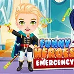 İki çocuk süper kahraman kostümleriyle poz veriyor, ortada Funny Heroes Emergency yazısı bulunuyor