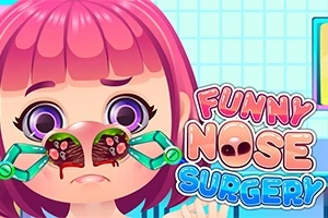 Pembe saçlı bir karakterin burnuna cerrahi aletlerle müdahale edilirken karikatür tarzında bir çizimi