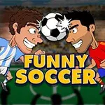 Kafa kafaya çarpışan iki futbol oyuncusunun karikatür çizimi, merkezde bir futbol topu ve altında Funny Soccer yazısı
