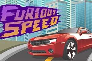 Gösterişli şehir binalarının önünde kırmızı bir spor araba ve yanında büyük, mor ve sarı renklerde Furious Speed yazısı
