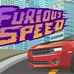 Gösterişli şehir binalarının önünde kırmızı bir spor araba ve yanında büyük, mor ve sarı renklerde Furious Speed yazısı