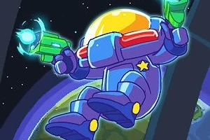 Uzayda, yeşil bir silah tutan mor giysili astronot