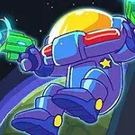 Uzayda, yeşil bir silah tutan mor giysili astronot