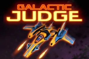 Mavi ve turuncu renkte fütüristik bir uzay aracı ile Galactic Judge metni