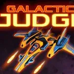 Mavi ve turuncu renkte fütüristik bir uzay aracı ile Galactic Judge metni