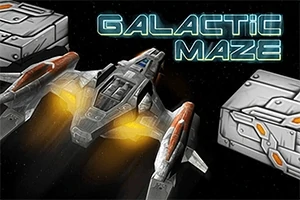 Uzay aracı, yanlarında metalik kutular ve üzerinde Galactic Maze yazısıyla karanlık bir uzay arka planında tasvir edilmiştir