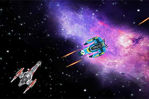 Uzayda renkli bir galaksi fonu önünde iki uzay gemisi
