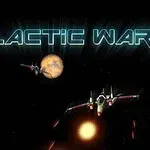 Yıldızlar arasında bir uzay gemisi, gezegenler ve GALACTIC WAR yazısı