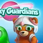 Yeşil tek gözlü bir yaratık, uzay kıyafeti giymiş ayı ve pembe gezegenin önünde Galaxy Guardians yazısı