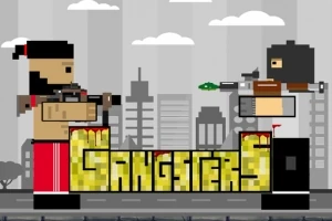 İki piksel karakter gri şehir arka planında karşılıklı pozisyon almış ve ortada Gangsters yazısı bulunuyor
