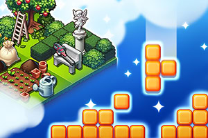 Bahçe düzenlemesi ve dekoratif objelerle dolu bir alanın yanında, gökyüzünde duran sarı bloklar