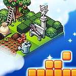 Bahçe düzenlemesi ve dekoratif objelerle dolu bir alanın yanında, gökyüzünde duran sarı bloklar