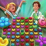 Pastel renklerde çiçeklerle dolu bir oyun tahtası önünde gülümseyen iki kişi