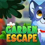 Sevimli bir köpeğin yanındaki yeşil ve turuncu renklerde Garden Escape yazısı