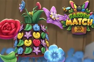 Çeşitli renklerde çiçeklerle dekore edilmiş saksı ve yanında parlak renkli kelebek ve böcek çizimleriyle Garden Match 3D yazısı