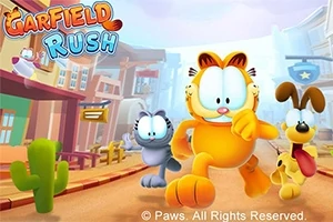 Garfield, gri bir kedi ve sarı bir köpek, renkli bir kasaba ortamında koşuyor