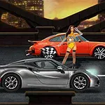 Gece vakti bir şehir köprüsünde, bir kadın iki spor arabanın arasında duruyor