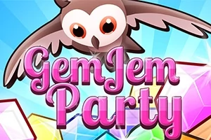 Pembe yazılı Gem Jem Party metni üzerinde uçan bir baykuş ve çeşitli renkli elmaslar