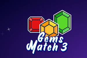 Koyu mor arka plan üzerinde kırmızı, sarı ve yeşil renkli üç değerli taş ve Gems Match 3 yazısı