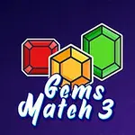 Koyu mor arka plan üzerinde kırmızı, sarı ve yeşil renkli üç değerli taş ve Gems Match 3 yazısı