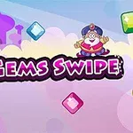 Renkli mücevherler ve sevimli bir karakter, bulutların ve mor silüetlerin önündeki Gems Swipe yazısının üzerine yerleştirilmiş