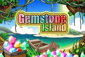 Tropik bir sahilde, ön planda renkli taşlar ve salaş bir kayıkla çevrelenmiş, üzerinde Gemstone Island yazısı bulunan çizgi film tarzı bir görüntü
