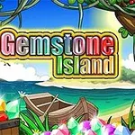 Tropik bir sahilde, ön planda renkli taşlar ve salaş bir kayıkla çevrelenmiş, üzerinde Gemstone Island yazısı bulunan çizgi film tarzı bir görüntü
