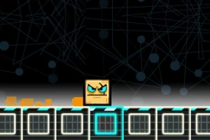 Kızgın bir ifadeye sahip kare şekilli figür, karanlık arka plan önünde neon detaylı platformda duruyor