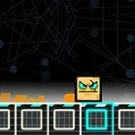 Kızgın bir ifadeye sahip kare şekilli figür, karanlık arka plan önünde neon detaylı platformda duruyor