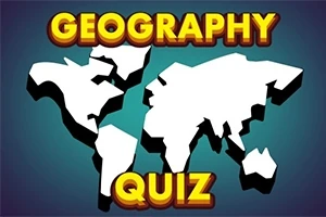 Beyaz dünya haritası silueti üzerinde büyük sarı harflerle Geography Quiz yazısı