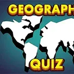 Beyaz dünya haritası silueti üzerinde büyük sarı harflerle Geography Quiz yazısı
