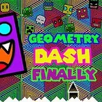 Mor renkli bir canavar yüzü, renkli geometrik desenli bir arka plan ve büyük harflerle yazılmış Geometry Dash Finally metni