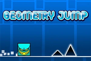 Mavi arka plan üzerinde, üstte büyük yazıyla Geometry Jump yazısı, altta ise kare biçiminde bir karakter ve üçgen engeller bulunuyor