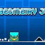 Mavi arka plan üzerinde, üstte büyük yazıyla Geometry Jump yazısı, altta ise kare biçiminde bir karakter ve üçgen engeller bulunuyor