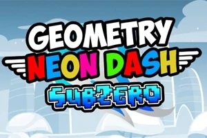 Renkli ve büyük harflerle yazılmış Geometry Neon Dash Subzero metni, karlı bir arka planın önünde yer alıyor