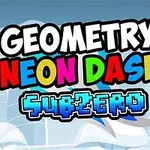 Renkli ve büyük harflerle yazılmış Geometry Neon Dash Subzero metni, karlı bir arka planın önünde yer alıyor