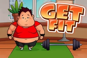 Kırmızı tişört giymiş bir karakter, yeşil bir mat ve siyah halterle spor salonunda duruyor; yanında GET FIT yazısı bulunuyor